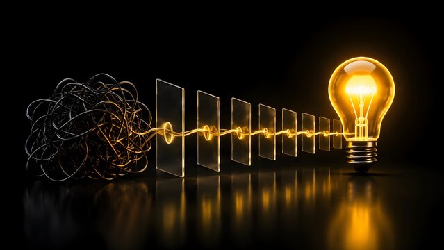 3D render of a tangled wire passing through transparent glass filters to become a glowing line connected to a lightbulb, illustrating the process of simplifying complexity into a clear idea