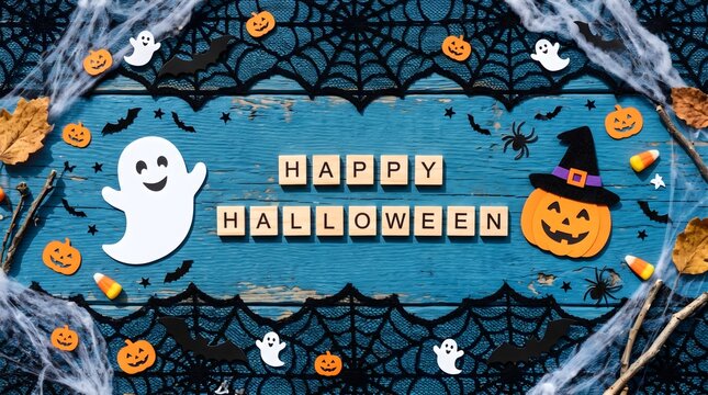 Happy halloween greeting with ghosts, pumpkins, and spider webs