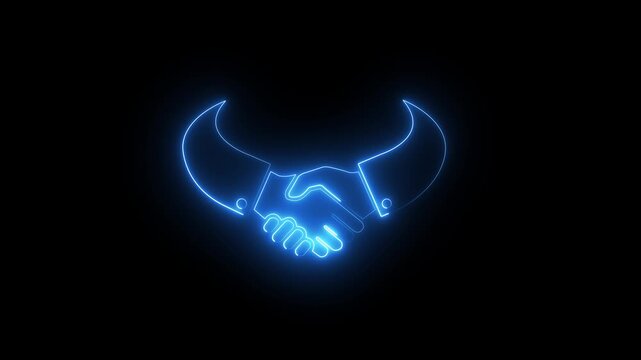 Glowing neon handshake animation for business partnership and corporate agreement concepts