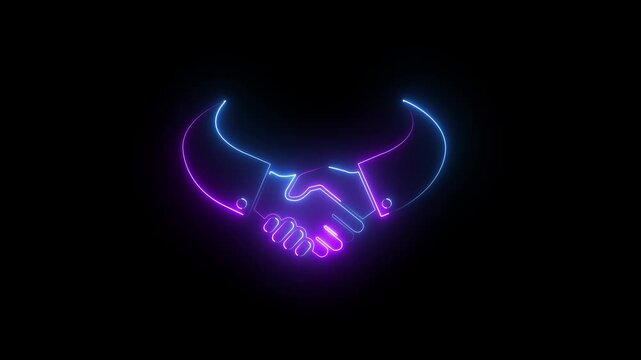 Neon handshake animation: business partnership and agreement concept on black background, glowing
