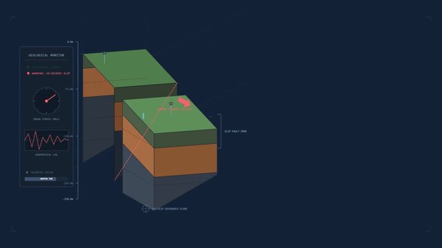 Geological monitor animation showing slip fault zone and seismic activity