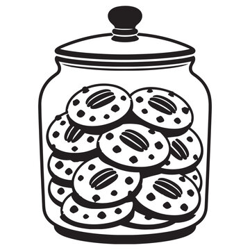 Black and white vector illustration of a glass cookie jar filled with chocolate chip cookies