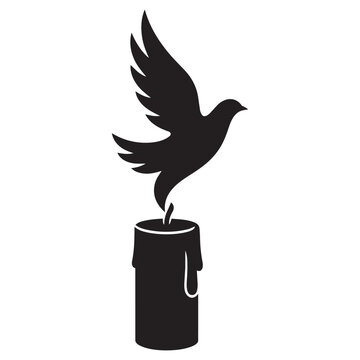 Silhouette vector illustration of a flying dove emerging from a burning candle flame