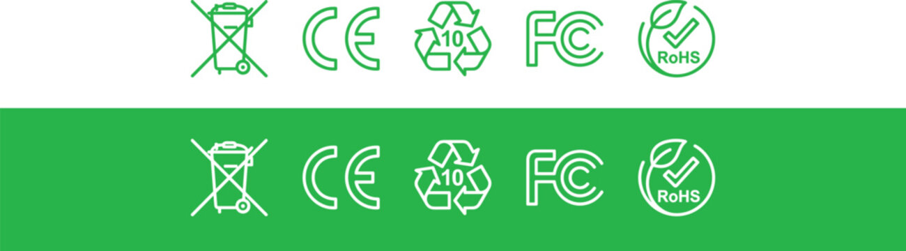 Green Product Certification Logo Set for CE Mark, Recycling Symbol, and FCC Compliance Labels