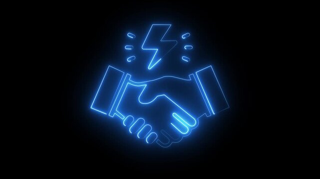 Neon handshake with lightning bolt animation for business partnership and innovation concepts glowing