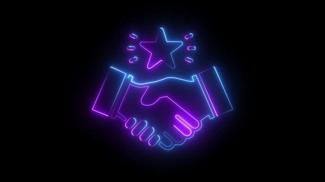 Neon handshake with glowing star animation, business partnership and success concept