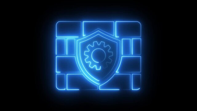 Neon firewall shield with rotating gear animation for cybersecurity and data protection concepts data security