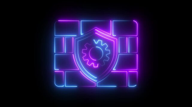 Neon cyber security firewall shield with gear animation for network protection and data privacy digital shield