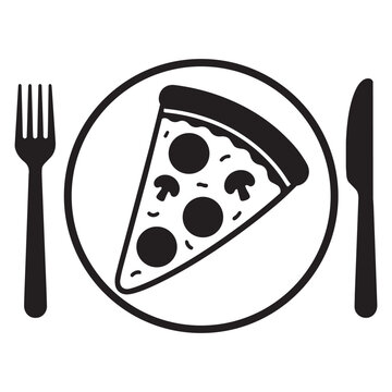 Black and White Pizza Slice on Plate with Fork and Knife Icon Vector Illustration