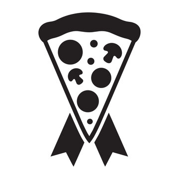 Pizza slice award ribbon black and white vector icon
