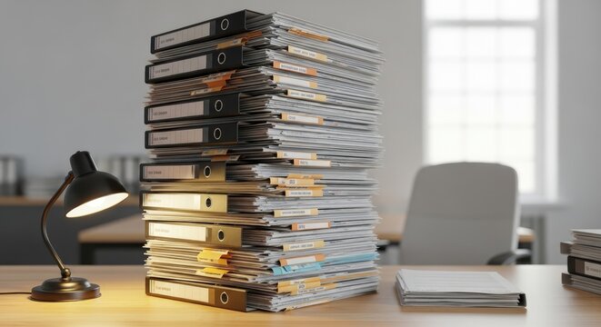 A tall stack of black file folders sits on a wooden desk, overflowing with documents. A desk lamp illuminates the pile, casting a warm glow.