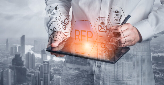 Professional Businessman Reviewing RFP with Tablet in Modern Urban Setting Amid High-Rise Buildings and Futuristic Graphics. Bitwise.