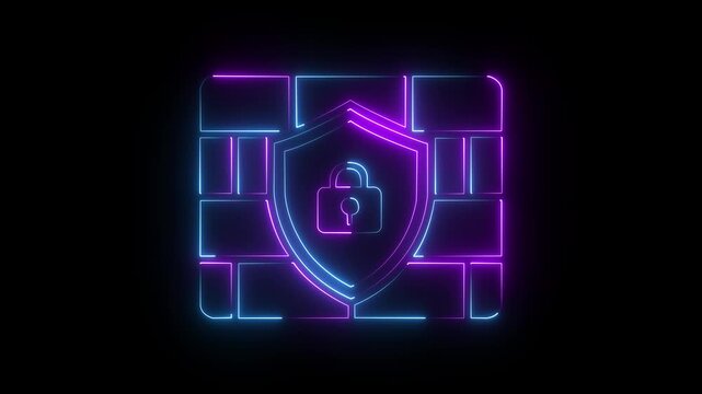 Neon firewall shield with padlock symbol for cybersecurity and data protection concepts glowing