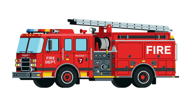 Red fire truck vector illustration side view isolated on white background