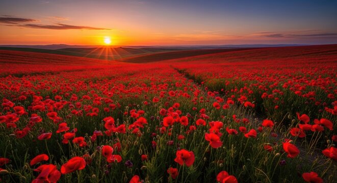 A vibrant field of red poppies stretches across a vast, rolling landscape at sunset. The sun, a brilliant golden orb, radiates intensely through the flowers, creating dramatic rays of light.