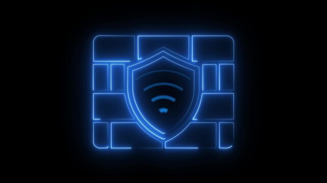 Neon firewall shield with wi-fi symbol, cyber security and network protection concept animation wifi