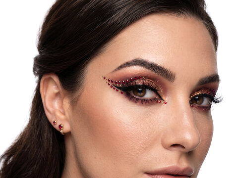 Glamorous Red Eyeshadow Makeup with Red Rhinestone Gems