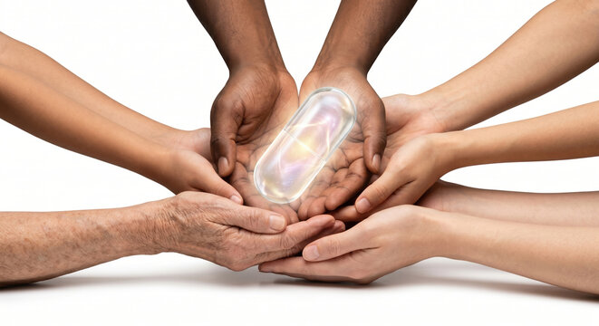 Healthcare Equity Initiatives Concepts. Diverse hands holding transparent light capsule symbolizing unity care support collaboration and hope for future health and wellness concept