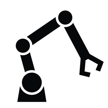 Konsep perayaan teknologi modern dan inovasi industri masa depan yang menampilkan ikon lengan robotik hitam minimalis terisolasi dengan latar belakang putih.Art & Illustration