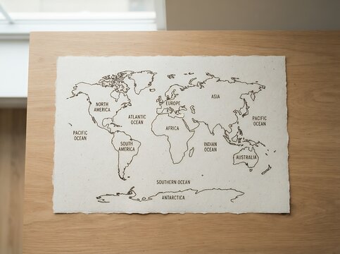Hand drawn world map outline with continents labeled on white paper.