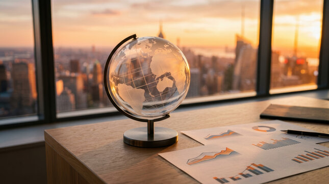 Geopolitical risk assessment series global outlook at sunset with globe and financial chart in office