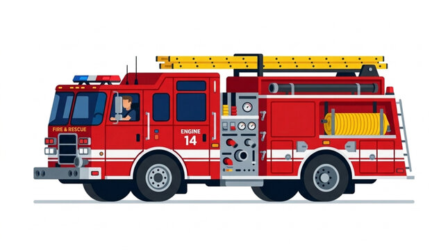 Red fire truck vector illustration side view isolated on white background