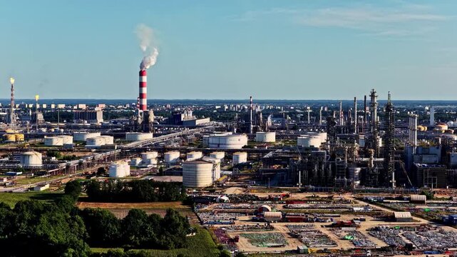 Aerial view of Orlen Plock Production Plant with industrial chimneys, storage tanks, and refinery infrastructure in Plock, Mazowieckie, Poland.