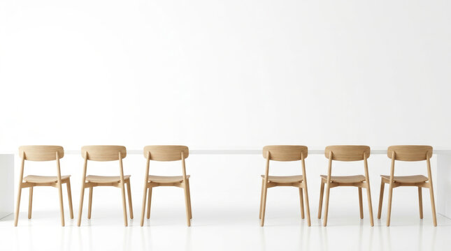 Modern wooden chair row highlights staffing shortages in bright office waiting area with clean spacing and minimal interior design