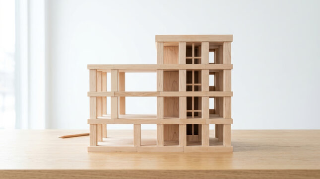 Staffing shortages concept shown by wooden architectural model with open spaces suggesting workforce planning and organizational growth