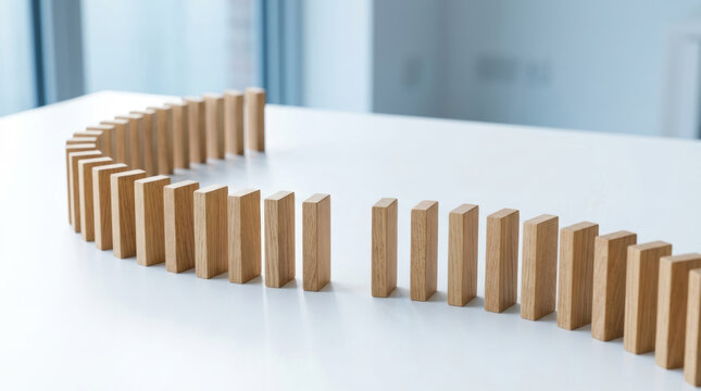 Wooden domino block line showing staffing shortages and operational gap in bright workplace setting