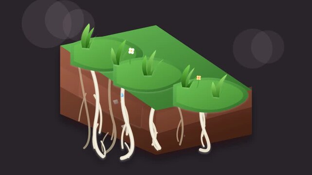 Isometric 3d animation of soil profile showing growing grass roots and water drops