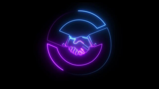 Neon handshake animation: business partnership and agreement concept with glowing blue and purple light lines on black background