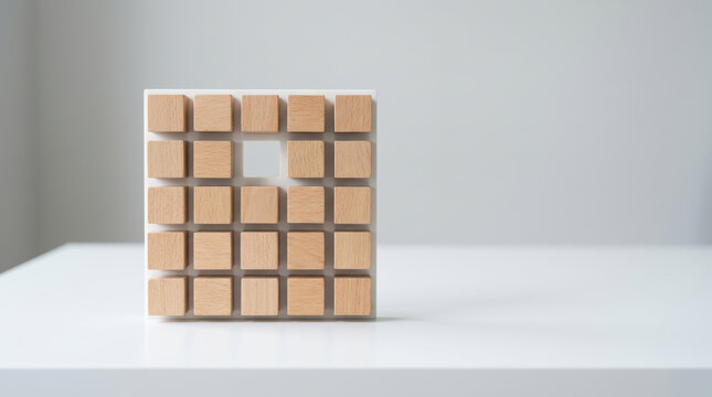Wooden block grid puzzle with missing piece on white table illustrating staffing shortages in office setting