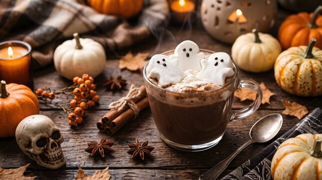 Hot chocolate with ghost marshmallows and autumn decorations