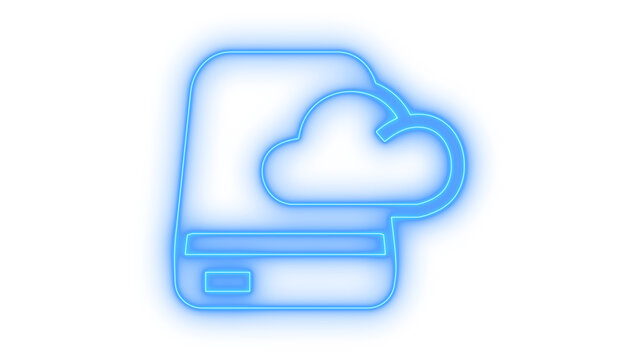 Colorful neon cloud storage icon showing a hard drive and network connection symbol isolated on transparent background for digital data backup and web hosting