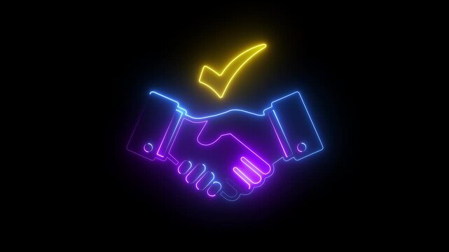 Neon handshake with checkmark business agreement success concept, glowing digital partnership symbol on black background