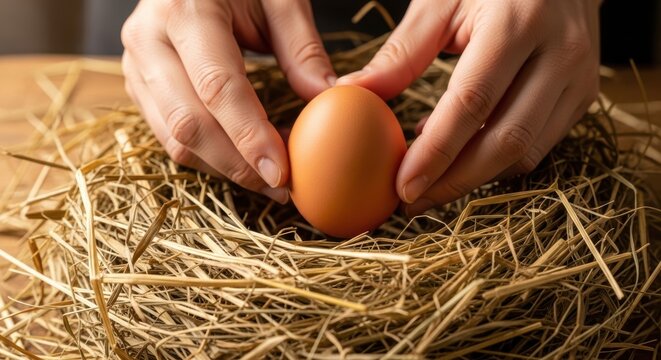 Close-up of human hand gently placing brown egg on dry straw nest in natural rustic environment with soft lighting, Sustainable Agriculture, Food Security, Climate Resilience