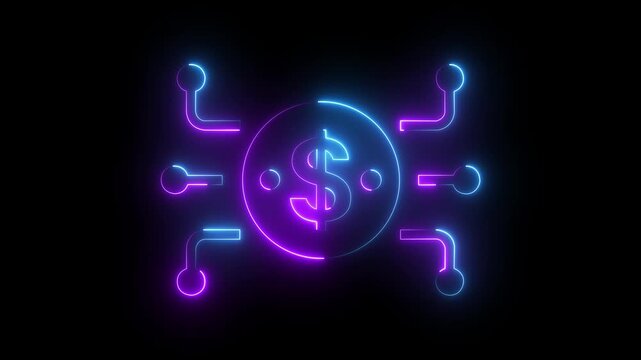 Neon digital dollar coin with circuitry lines, glowing cryptocurrency and fintech concept animation digital currency