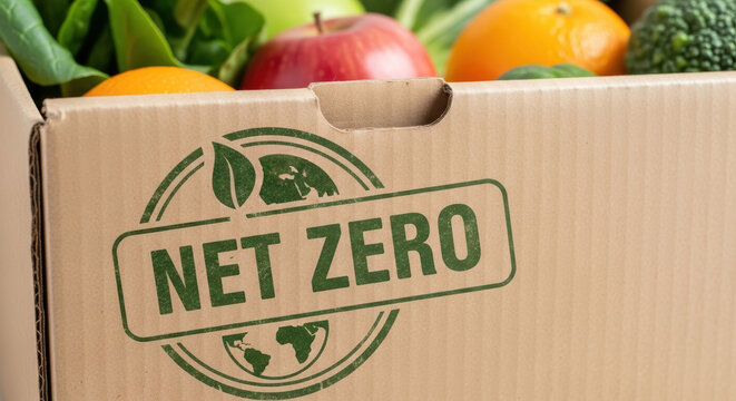 Eco friendly cardboard box with net zero carbon footprint logo surrounded by fresh colorful fruits and green vegetables closeup, Sustainable Agriculture, Food Security, Climate Resilience