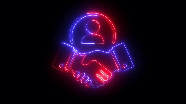 Neon business handshake animation: partnership, agreement, and corporate success concept glowing