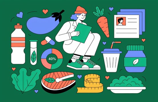 Healthy Lifestyle and Nutrition Planning Illustration with Dietitian, Fresh Food, and Fitness Icons