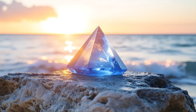 Crystal pyramid on rocky shore at sunset with ocean waves