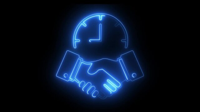 Glowing neon handshake and clock animation, business partnership and time management concept