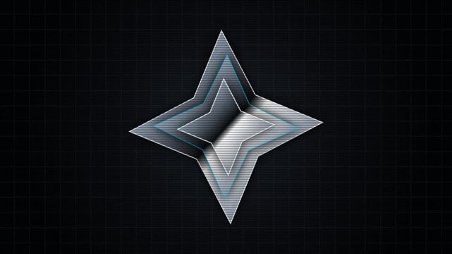 Metallic Four Point Star Graphic Element Featuring Layered Dimensional Shading on a Dark Grid Background