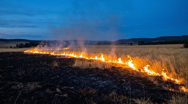 Controlled grass burn fire line advancing across field at dusk with blue sky, agriculture land management no people