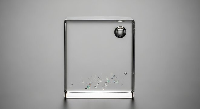 Glass cube with floating metallic sphere and bubbles.
