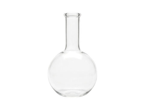 A clear glass laboratory flask with a narrow neck and rounded base stands alone on a neutral surface.