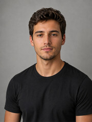 Obraz premium Portrait of a Handsome Young Man with Dark Hair and Stubble in a Black T-shirt Isolated on Transparent Background