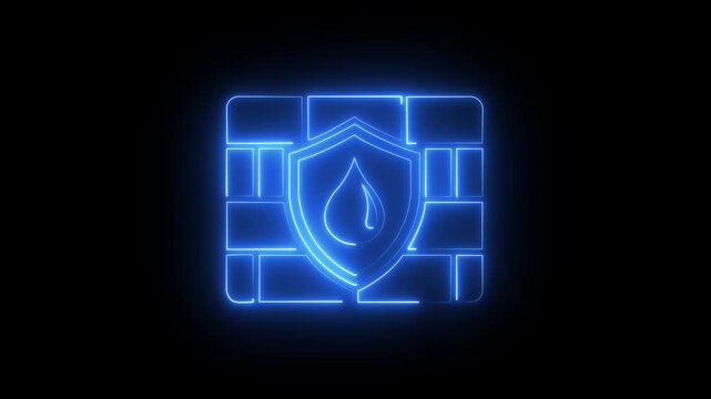Neon firewall cyber security with shield and water drop symbol for data protection and digital privacy