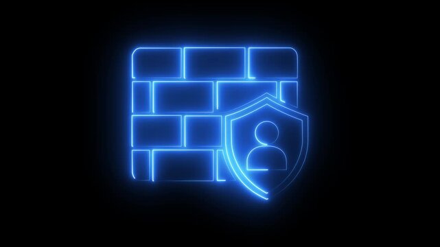 Neon firewall and user shield animation: cybersecurity and data protection concept network security digital safety
